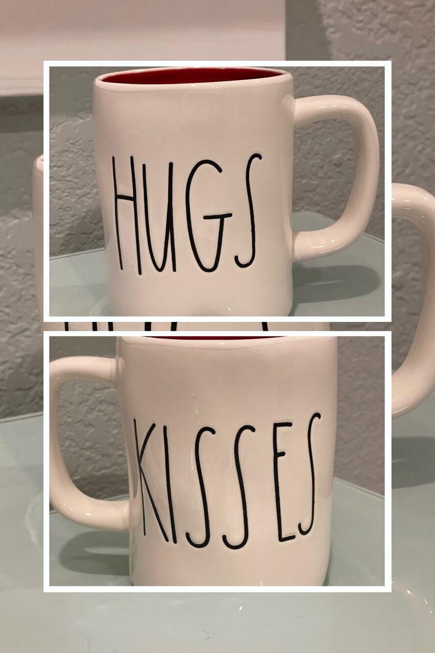 Rae Dunn HUGS KISSES double sided mug.  Cherry Red interior. Valentines